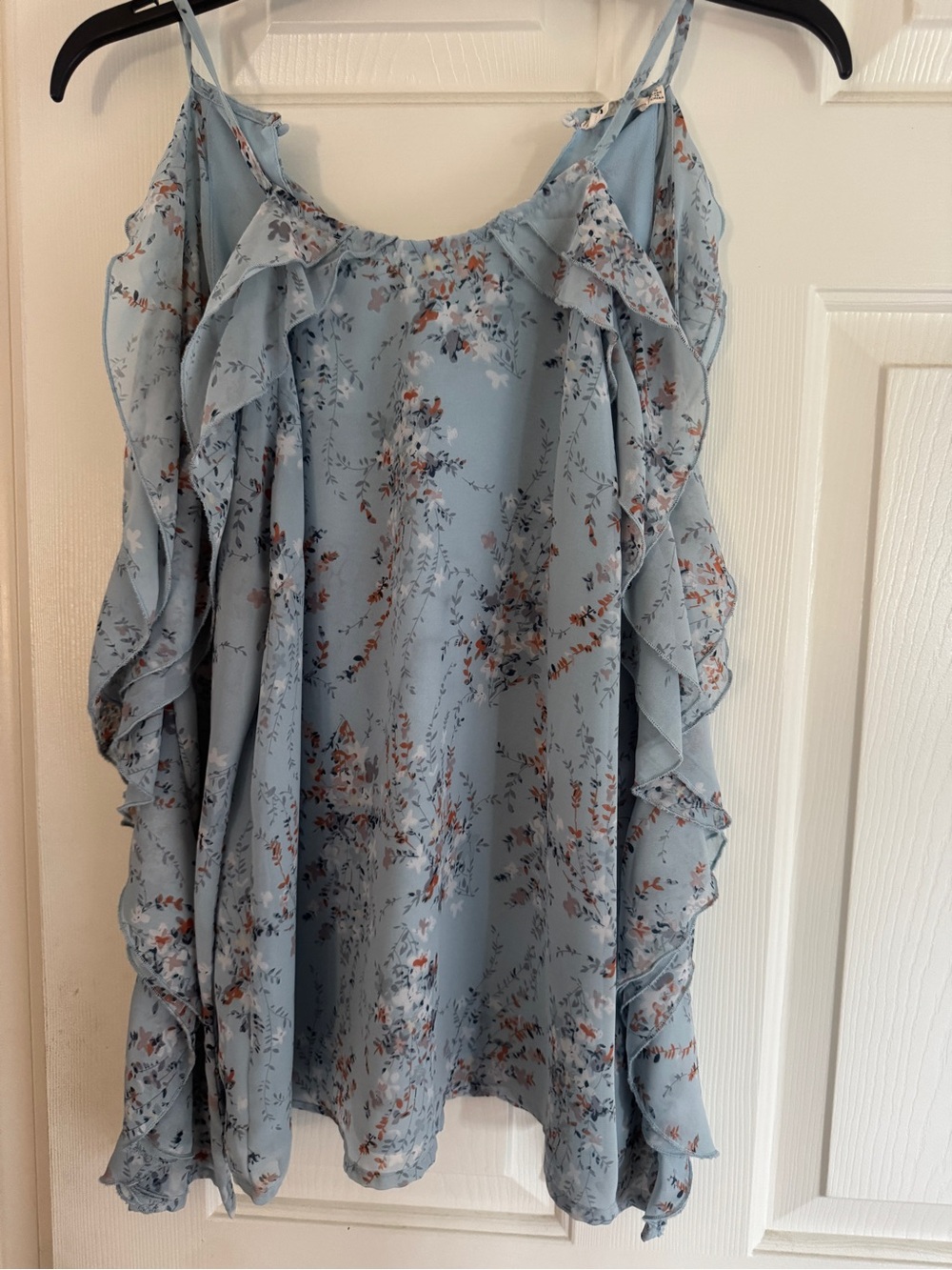 Light Blue Floral Ruffle Cold-Shoulder Women's Top